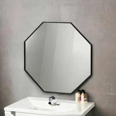 Homezia 37" Octogon Black Metal Frame Wall Mirror In Brown