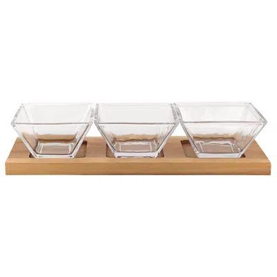 Homezia 4 Mouth Blown Crystal Hostess Set 4 Pc With 3 Glass Condiment Or Dip Bowls On A Wood Tray In Multi