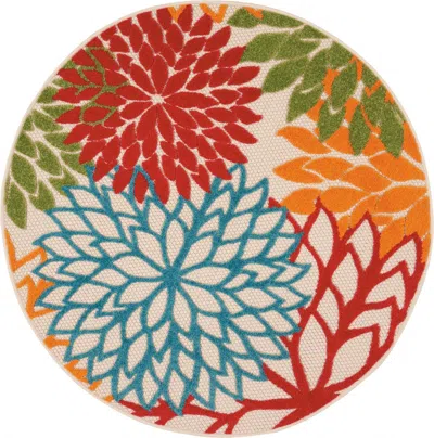 Homezia 4' Round Green And Ivory Round Floral Indoor Outdoor Area Rug In Multi