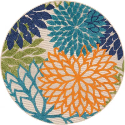 Homezia 4' Round Ivory And Blue Round Floral Indoor Outdoor Area Rug In Multi
