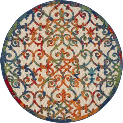 Homezia 4' Round Ivory And Blue Round Floral Indoor Outdoor Area Rug In Multi