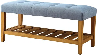 Homezia 40" Blue And Brown Upholstered Polyester Bench With Shelves