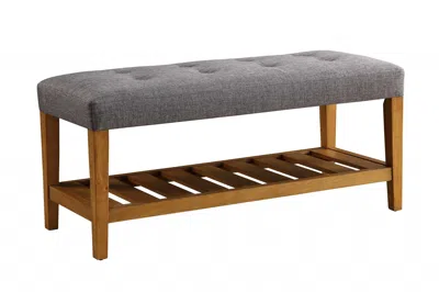 Homezia 40" Gray And Brown Upholstered Linen Blend Bench With Shelves