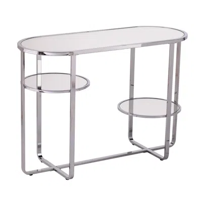Homezia 42" Clear And Silver Mirrored Glass Oval Frame Console Table With Storage
