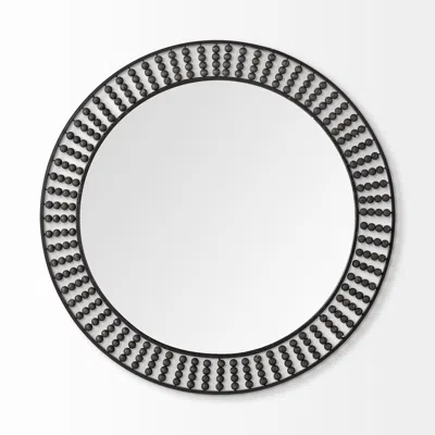 Homezia 42" Round Black Metal Frame Wall Mirror With Wood Beads