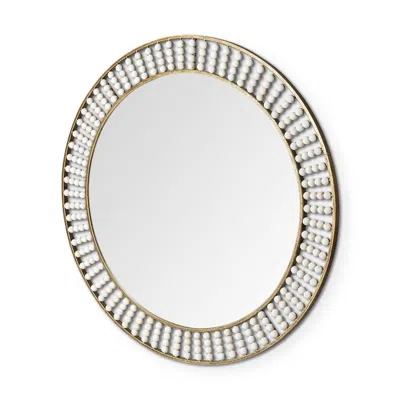 Homezia 42" Round Gold Metal Frame Wall Mirror With White Wood Beads In Gray