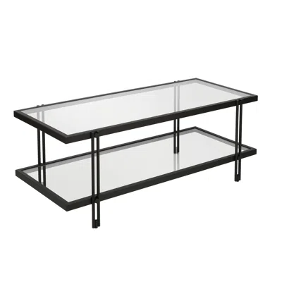 Homezia 45" Black Glass And Steel Coffee Table With Shelf