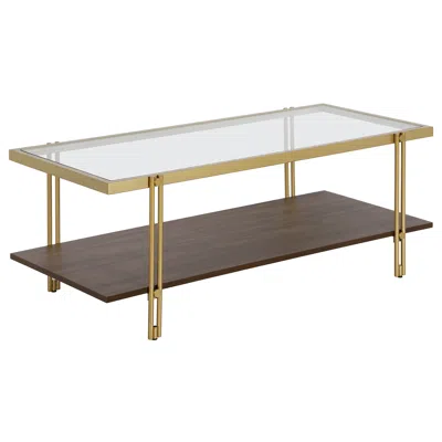 Homezia 45" Brown And Gold Glass And Steel Coffee Table With Shelf In Blue