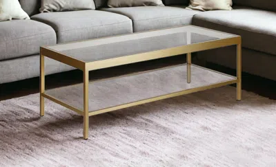 Homezia 45" Clear Glass And Gold Steel Coffee Table With Shelf
