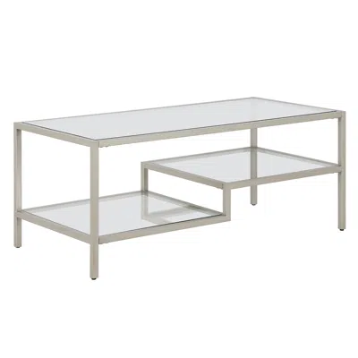 Homezia 45" Silver Glass And Steel Coffee Table With Two Shelves In Metallic