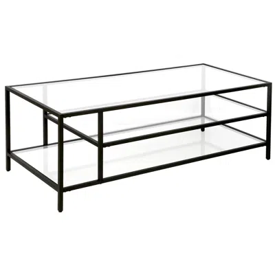 Homezia 46" Black Glass And Steel Coffee Table With Two Shelves