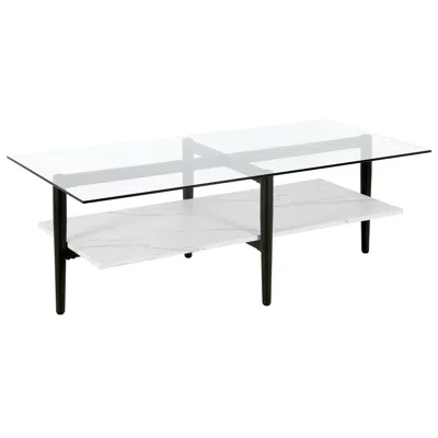 Homezia 47" Black Glass And Steel Coffee Table With Shelf