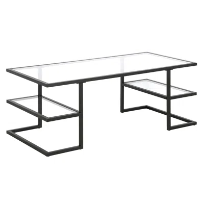 Homezia 47" Black Glass And Steel Coffee Table With Two Shelves