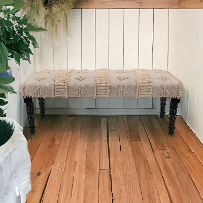 Homezia 47" Cream And Black Leg Abstract Stripe And Dot Upholstery Bench