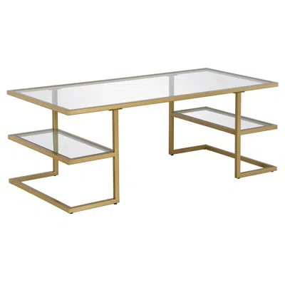 Homezia 47" Gold Glass And Steel Coffee Table With Two Shelves