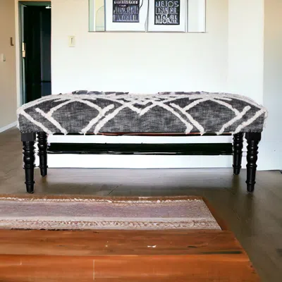 Homezia 47" Gray And White Geometric Cotton Upholstered Distressed Bench