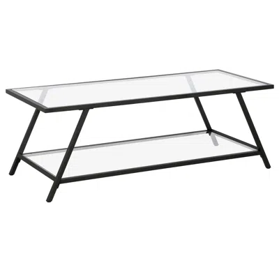 Homezia 48" Black Glass And Steel Coffee Table With Shelf In Burgundy