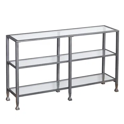 Homezia 49" Clear And Silver Glass Distressed Floor Shelf Console Table With Storage