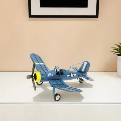 Homezia 5" Blue And Yellow Metal Hand Painted Model Airplane
