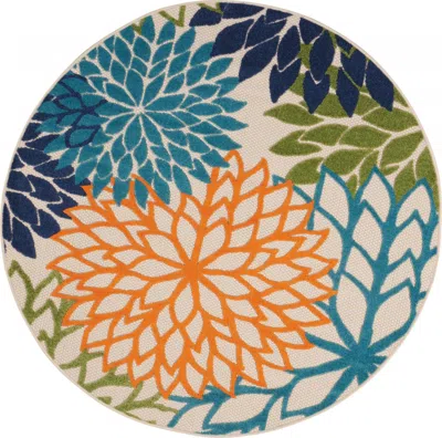 Homezia 5' Round Ivory And Blue Round Floral Indoor Outdoor Area Rug In Multi