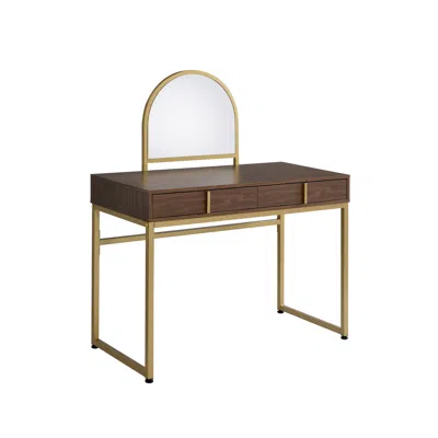 Homezia 50" Walnut & Gold Finish Round Dresser Mirror