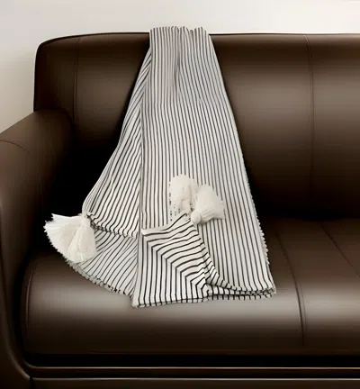 Homezia 50" X 60" Black And White Woven Cotton Striped Throw Blanket With Tassels