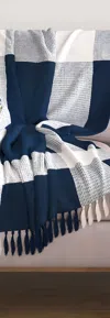Homezia 50" X 60" Blue And White Woven Cotton Checkered Throw Blanket With Fringe
