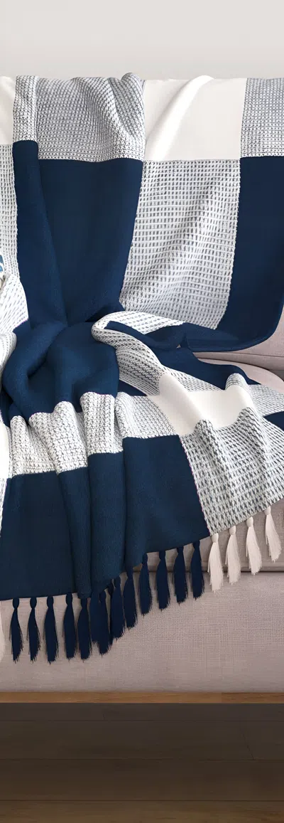 Homezia 50" X 60" Blue And White Woven Cotton Checkered Throw Blanket With Fringe