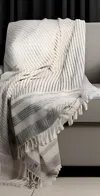 Homezia 50" X 60" Blue And White Woven Cotton Striped Throw Blanket With Fringe