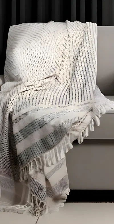 Homezia 50" X 60" Blue And White Woven Cotton Striped Throw Blanket With Fringe
