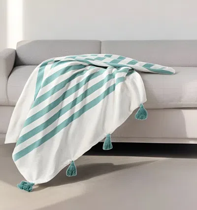 Homezia 50" X 60" Blue And White Woven Cotton Striped Throw Blanket With Tassels