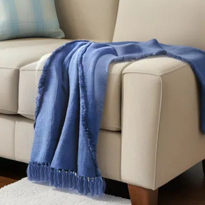Homezia 50" X 60" Blue Woven Cotton Throw Blanket With Fringe