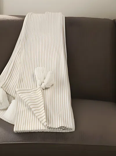Homezia 50" X 60" Brown And White Woven Cotton Striped Throw Blanket With Tassels