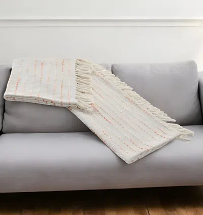Homezia 50" X 60" Cream Kantha Cotton Striped Throw Blanket With Embroidery