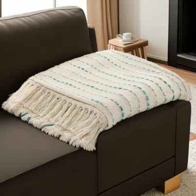 Homezia 50" X 60" Cream Kantha Cotton Striped Throw Blanket With Embroidery
