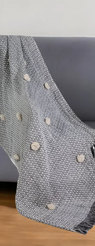Homezia 50" X 60" Gray Woven Cotton Houndstooth Throw Blanket With Pom Poms