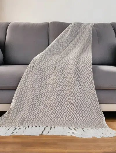 Homezia 50" X 60" Tan Woven Cotton Geometric Throw Blanket With Fringe