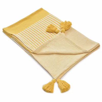 Homezia 50" X 60" Yellow Woven Cotton Striped Throw Blanket With Tassels