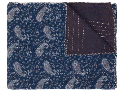 Homezia 50" X 70" Blue And Gray Kantha Cotton Paisley Throw Blanket With Embroidery