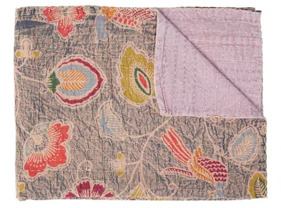 Homezia 50" X 70" Gray And Pink Kantha Cotton Floral Throw Blanket With Embroidery
