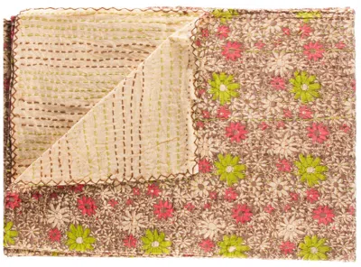 Homezia 50" X 70" Green And Brown Kantha Cotton Floral Throw Blanket With Embroidery