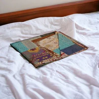 Homezia 50" X 70" Green And Brown Quilted Cotton Patchwork Throw Blanket With Embroidery