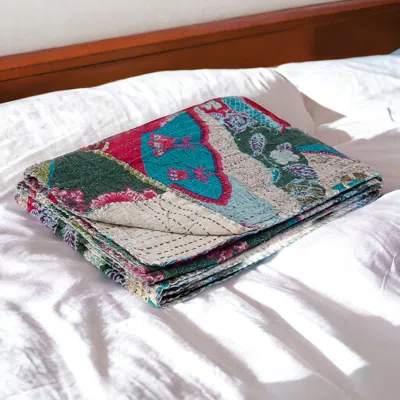Homezia 50" X 70" Green And Pink Kantha Cotton Abstract Throw Blanket With Embroidery