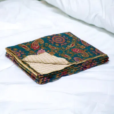 Homezia 50" X 70" Green And Pink Kantha Cotton Paisley Throw Blanket With Embroidery