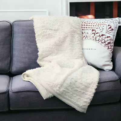 Homezia 50" X 70" Ivory Faux Fur Plush Throw Blanket With Embroidery In White