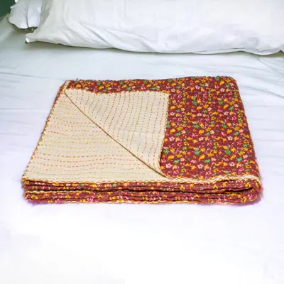 Homezia 50" X 70" Maroon Yellow And Green Kantha Cotton Floral Throw Blanket With Embroidery