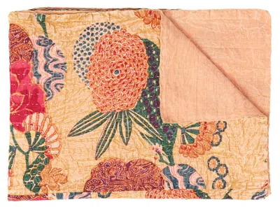 Homezia 50" X 70" Orange And Red Kantha Cotton Floral Throw Blanket With Embroidery