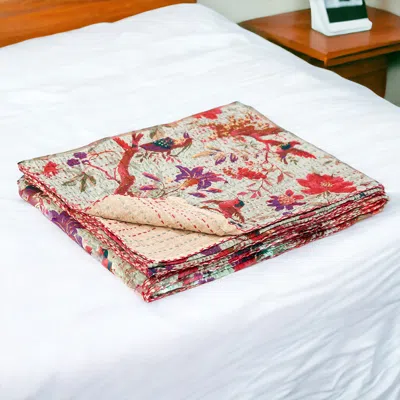 Homezia 50" X 70" Pink And Ivory Kantha Cotton Floral Throw Blanket With Embroidery