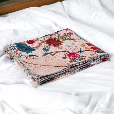 Homezia 50" X 70" Pink And Red Kantha Cotton Floral Throw Blanket With Embroidery