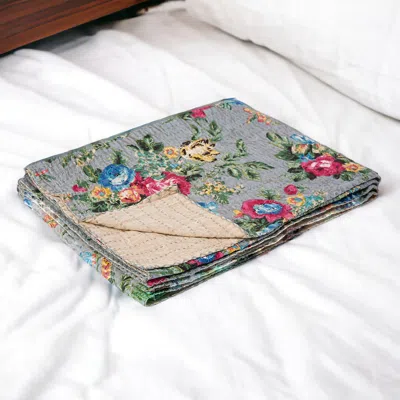 Homezia 50" X 70" Pink Gray And Blue Kantha Cotton Floral Throw Blanket With Embroidery